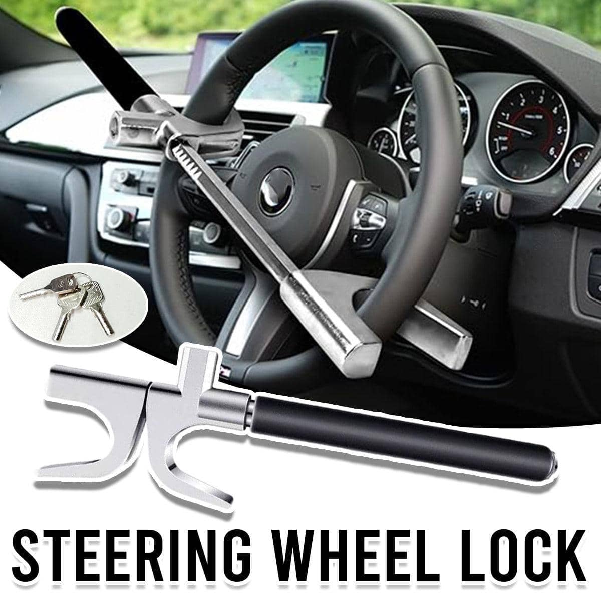 Anti-Theft Steering Wheel Lock, Telescopic Bar with Emergency Hammer