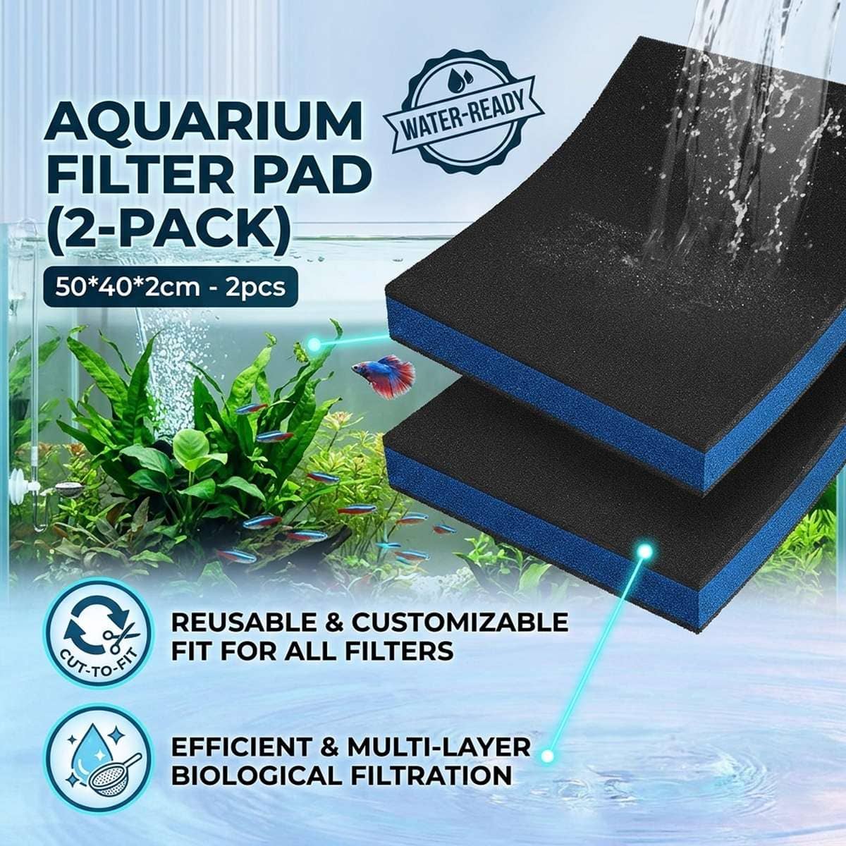 Aquarium Biochemical Filter Sponge Pad 50 x 40 x 2 cm 2 Pack Cut to Fit