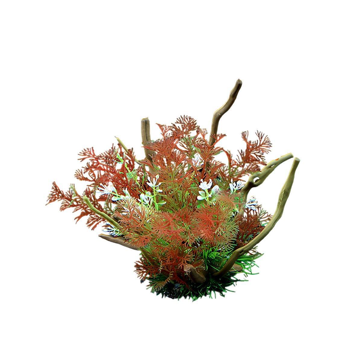 Aquarium Decoration Set with Artificial Wood and Plants - CM2503-Dark Red