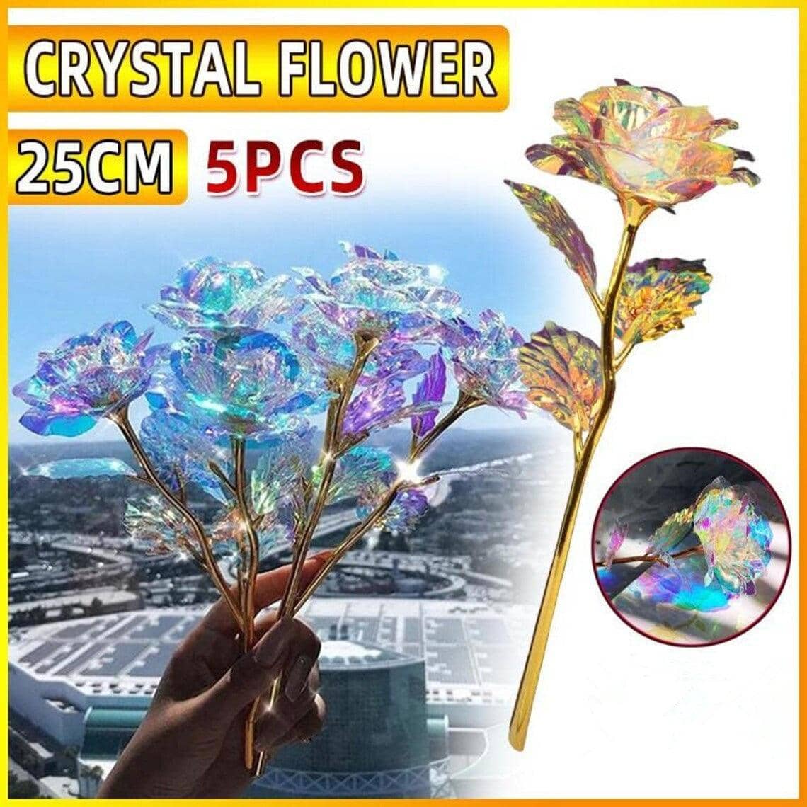 Artificial Crystal Rose Flowers with Gold Stems, 25 cm - Pack of 5