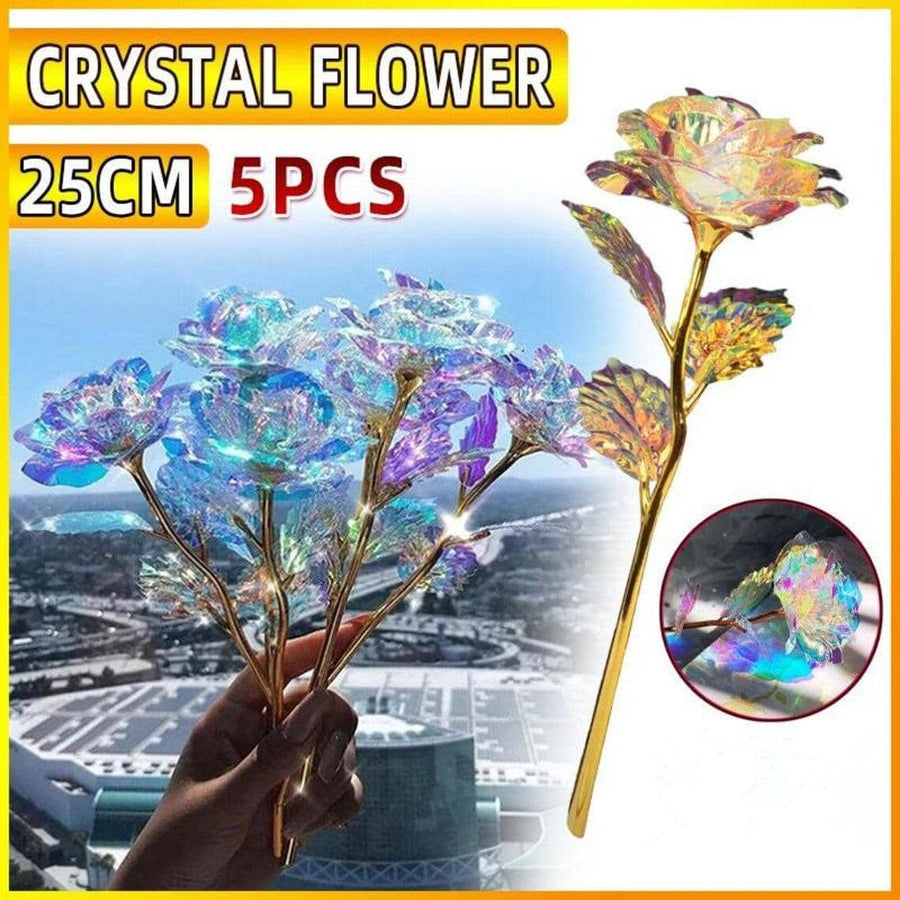 Artificial Crystal Rose Flowers with Gold Stems, 25 cm - Pack of 5