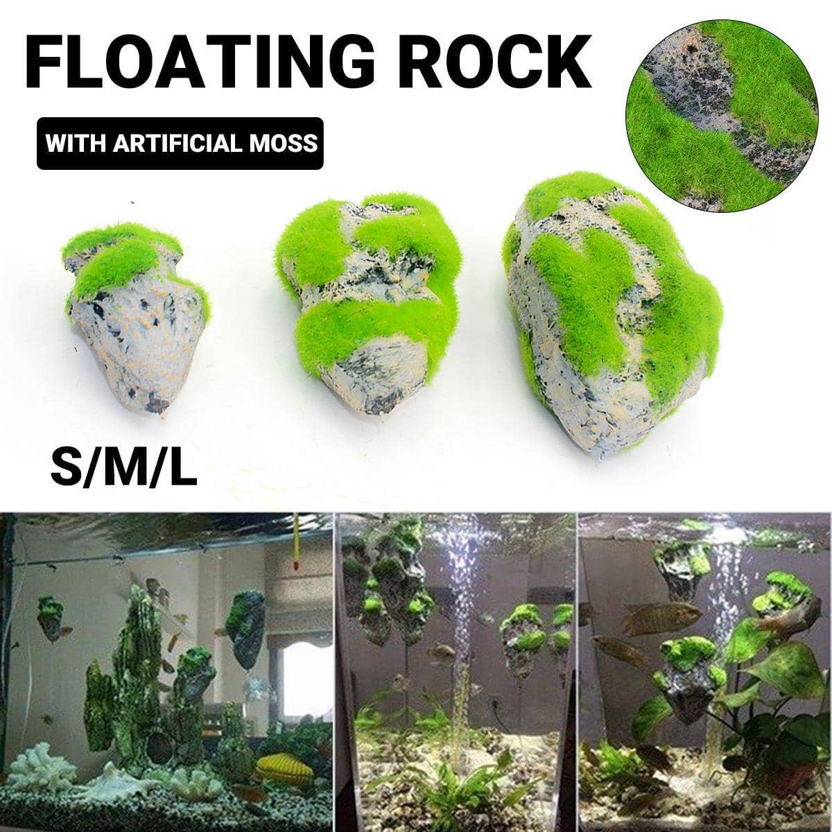 Artificial Floating Stone with Moss Aquarium Decoration - Medium (14 x 8.7 cm) - view 2