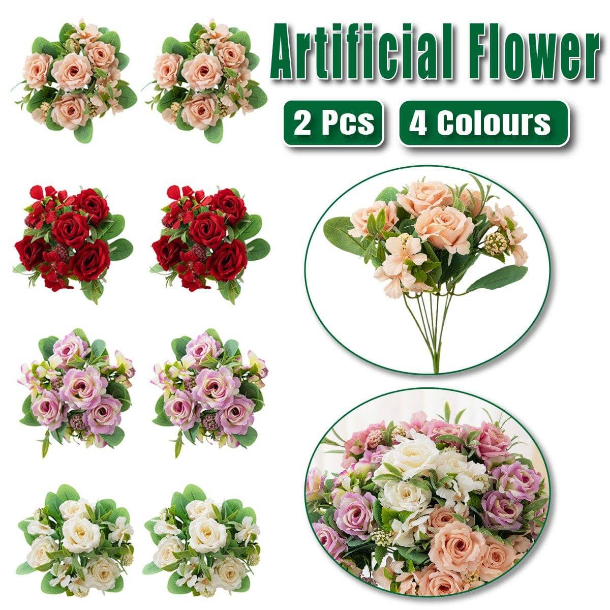 Artificial Rose Bouquets for Home Decoration, Set of 2 - White - view 2