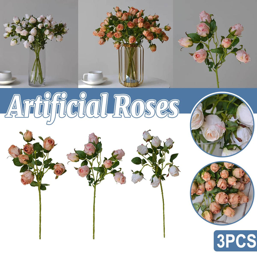 Artificial Rose Stems, 3 Pack, 7 Heads - 50cm, Multicolour