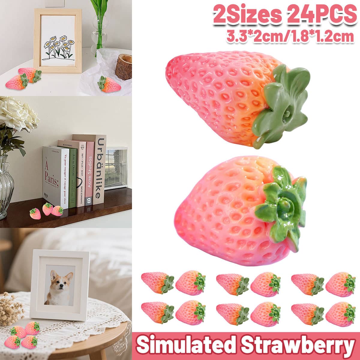 Artificial Strawberry Ornaments Set of 24, Realistic Fruit for Photography and Decor