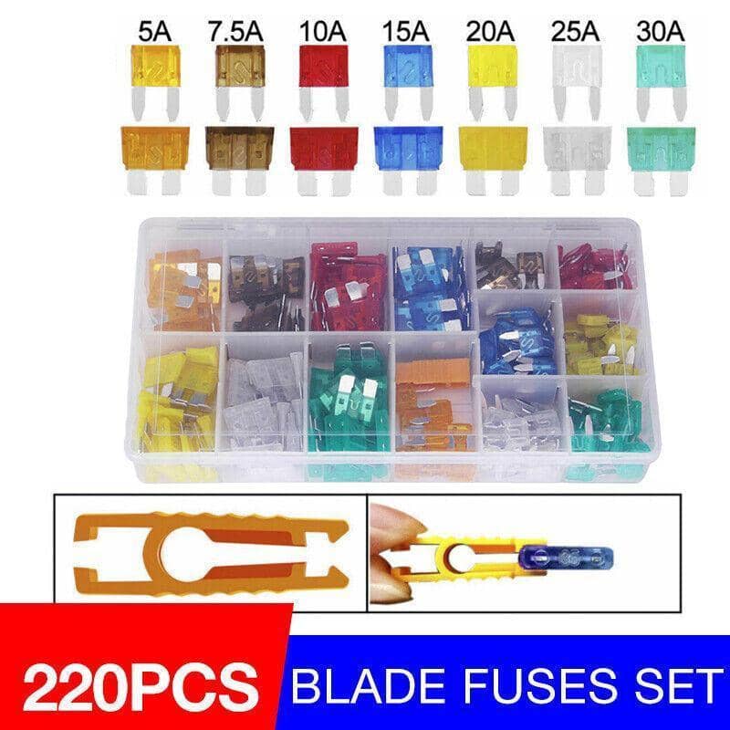Assorted Mini and Standard Blade Fuse Kit - 220 Pieces with Box