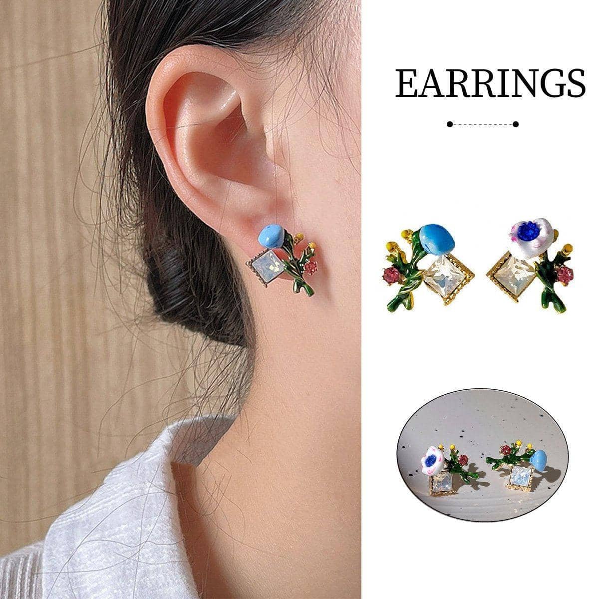 Asymmetric Enamel Flower Earrings for Women, Copper Trendy Jewellery