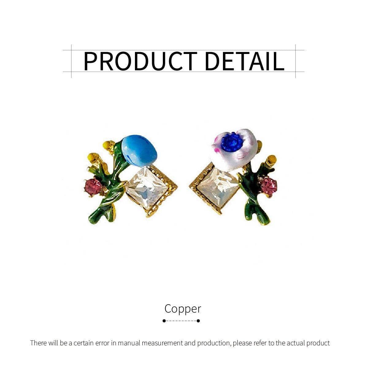 Asymmetric Enamel Flower Earrings for Women, Copper Trendy Jewellery - view 3