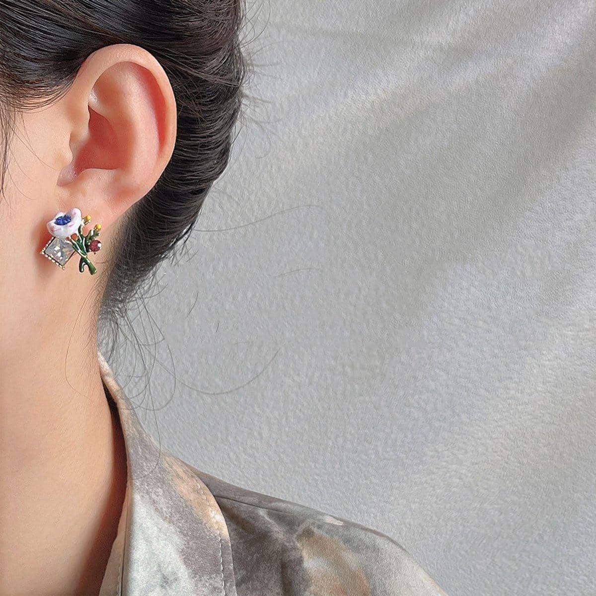 Asymmetric Enamel Flower Earrings for Women, Copper Trendy Jewellery - view 4