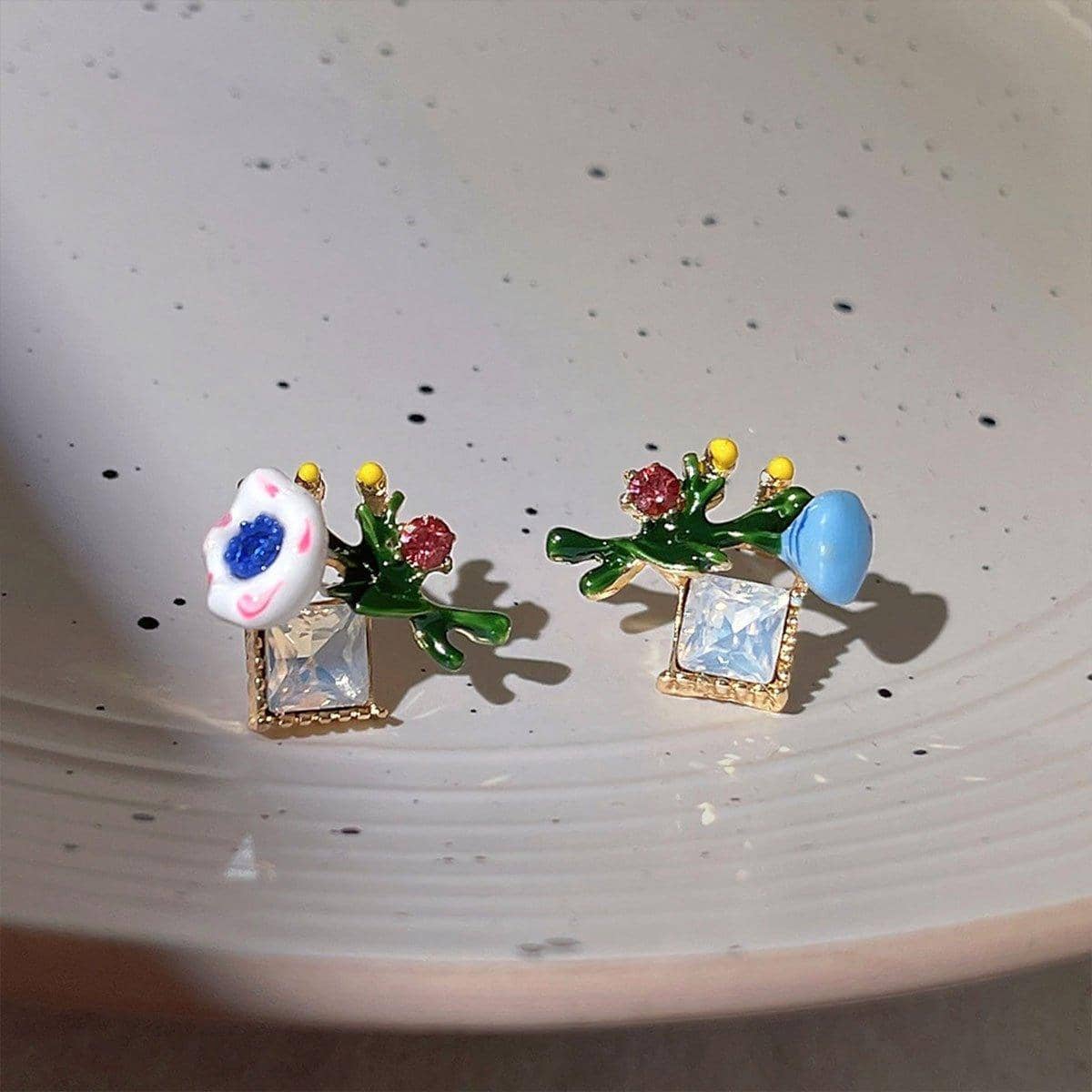 Asymmetric Enamel Flower Earrings for Women, Copper Trendy Jewellery - view 5