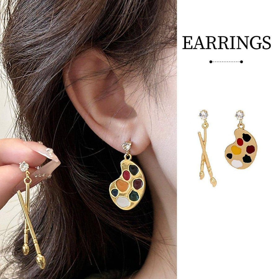 Asymmetric Gold Paint Palette and Brush Drop Earrings with Enamel Accents