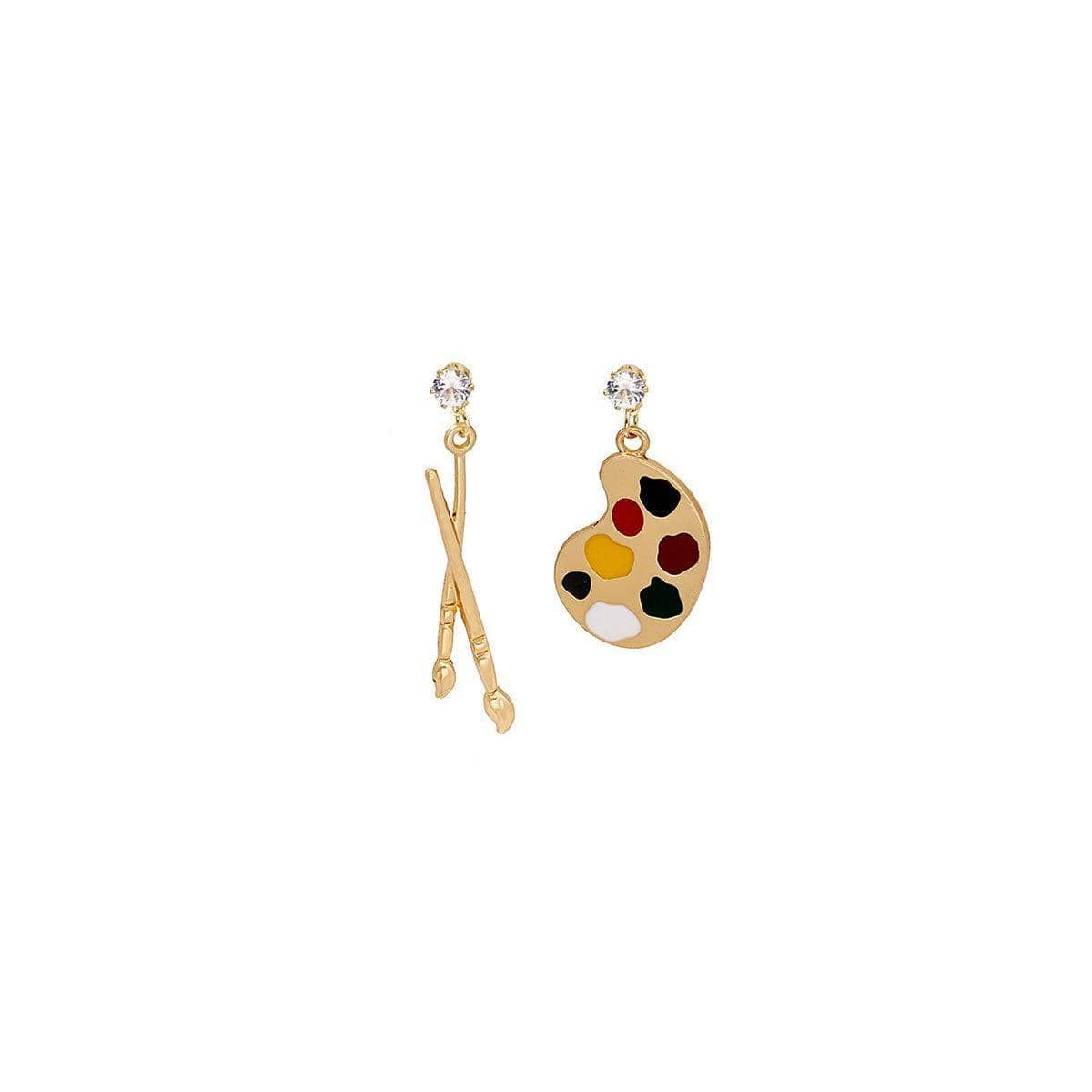 Asymmetric Gold Paint Palette and Brush Drop Earrings with Enamel Accents - view 2