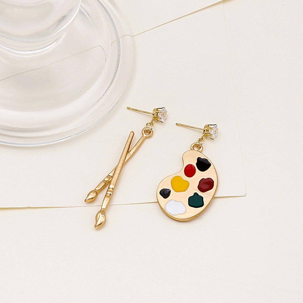 Asymmetric Gold Paint Palette and Brush Drop Earrings with Enamel Accents - view 4