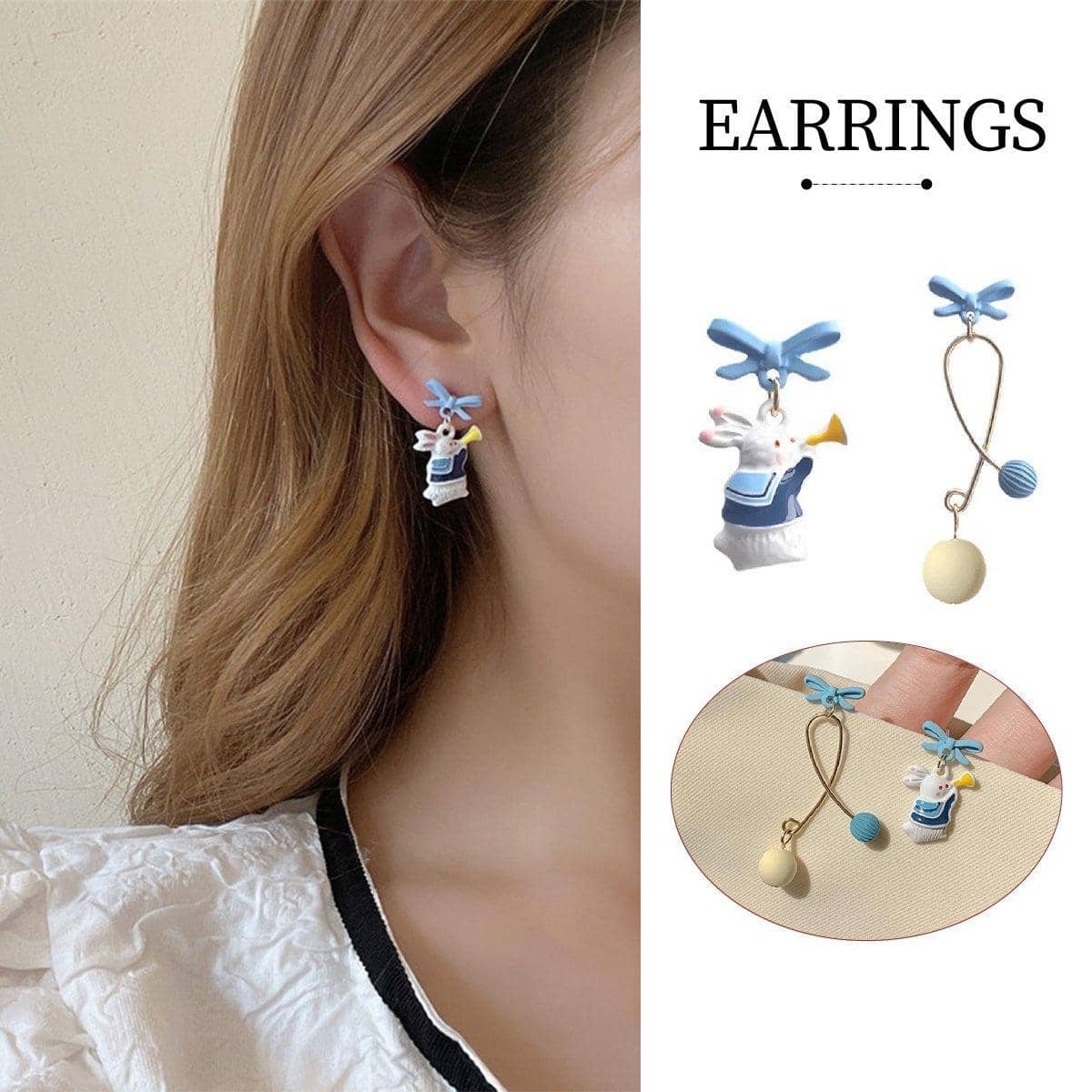 Asymmetrical Bunny Charm Earrings with Dangling Drop for Women