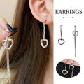 Asymmetrical Heart Tassel Drop Earrings for Women, Long Silver Tone Dangle