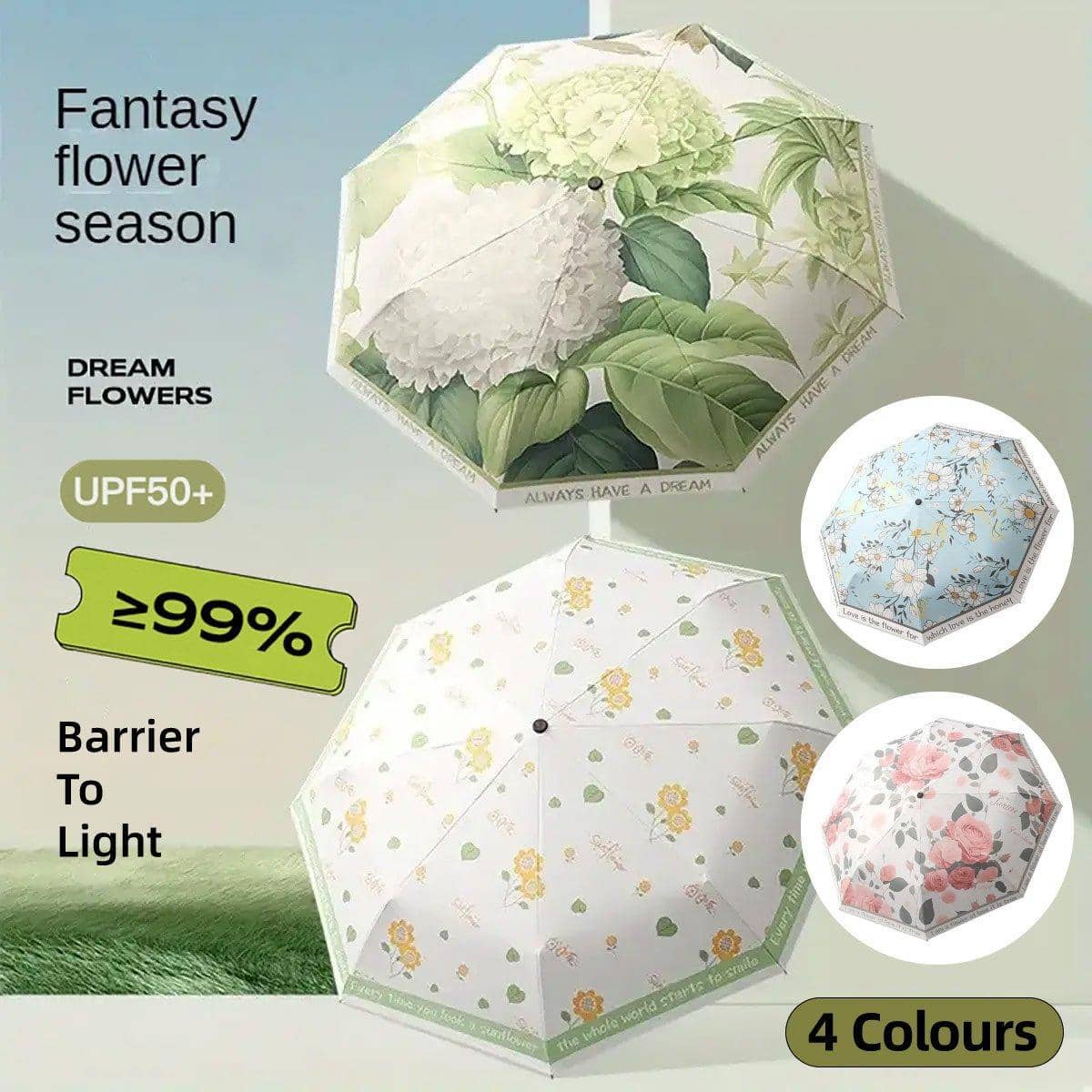 Automatic 3 Fold Floral Umbrella with UV Protection - Yellow Sunflower Print - view 2