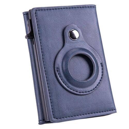 Automatic Faux Leather Card Holder Wallet for AirTag - Navy Blue