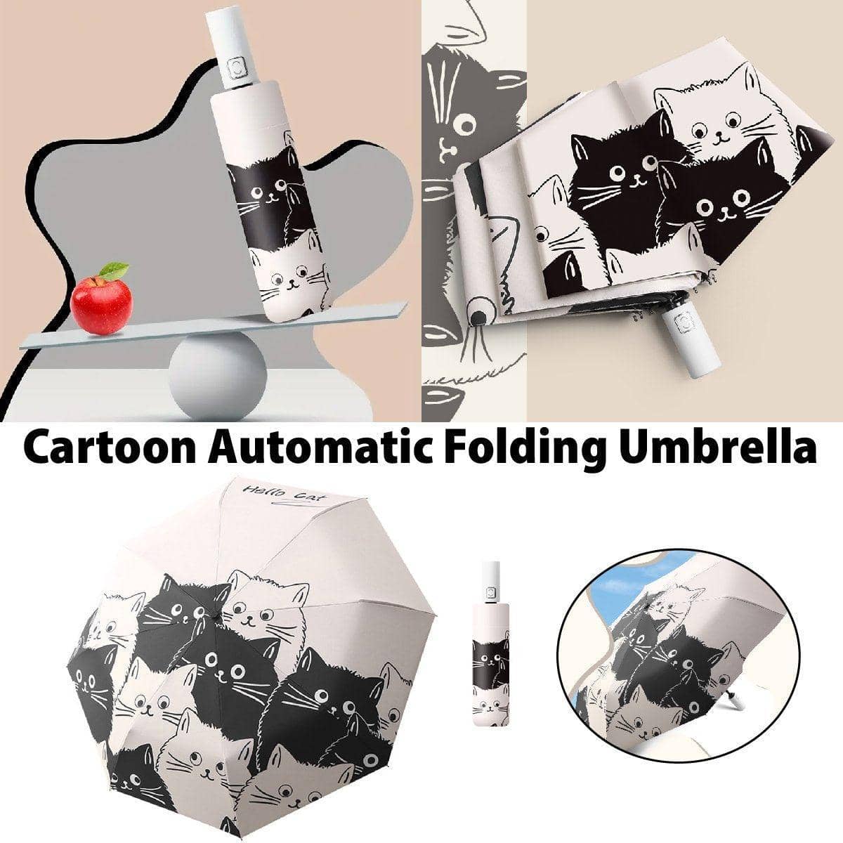 Automatic Folding Sun Umbrella - Black and White Cartoon Cat Design, UV Protection