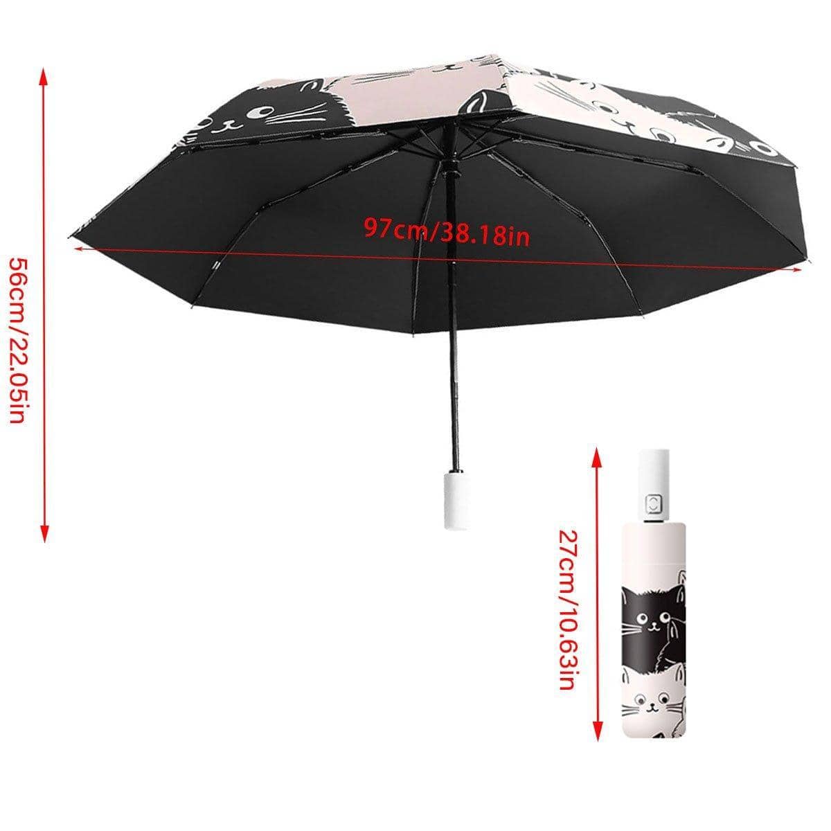 Automatic Folding Sun Umbrella - Black and White Cartoon Cat Design, UV Protection - view 3