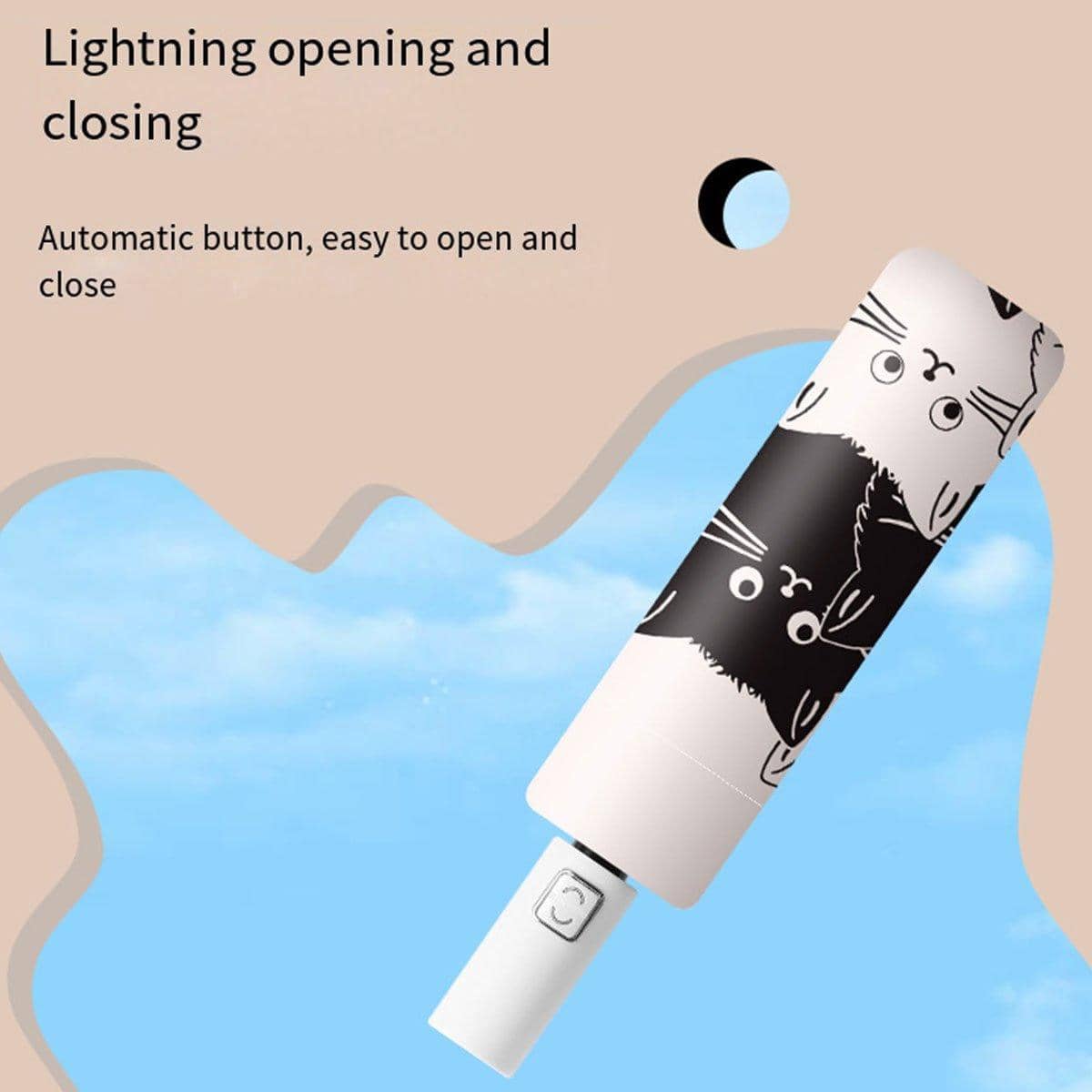 Automatic Folding Sun Umbrella - Black and White Cartoon Cat Design, UV Protection - view 5