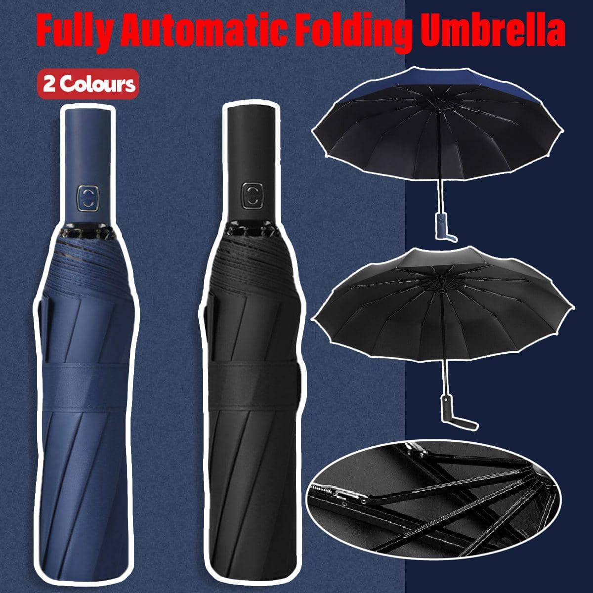 Automatic Folding Umbrella, 12-Rib Windproof Sunshade - Black - view 2