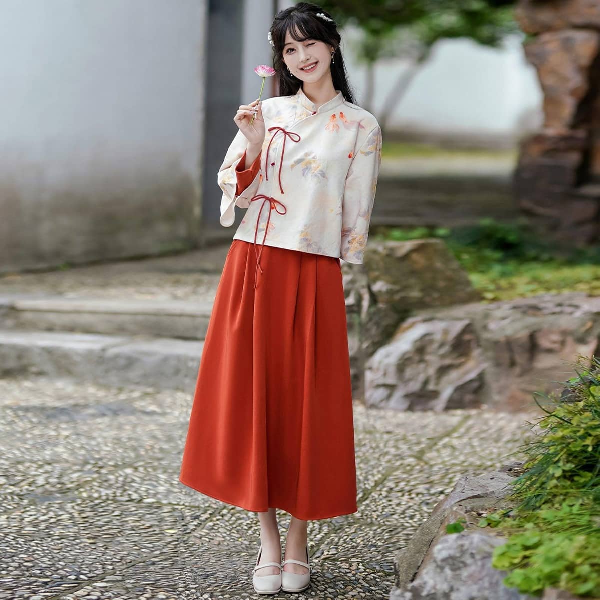 Autumn Winter Chinese Style Cheongsam Top and Skirt Set for Women - Size L (Bust 98 cm) - view 5