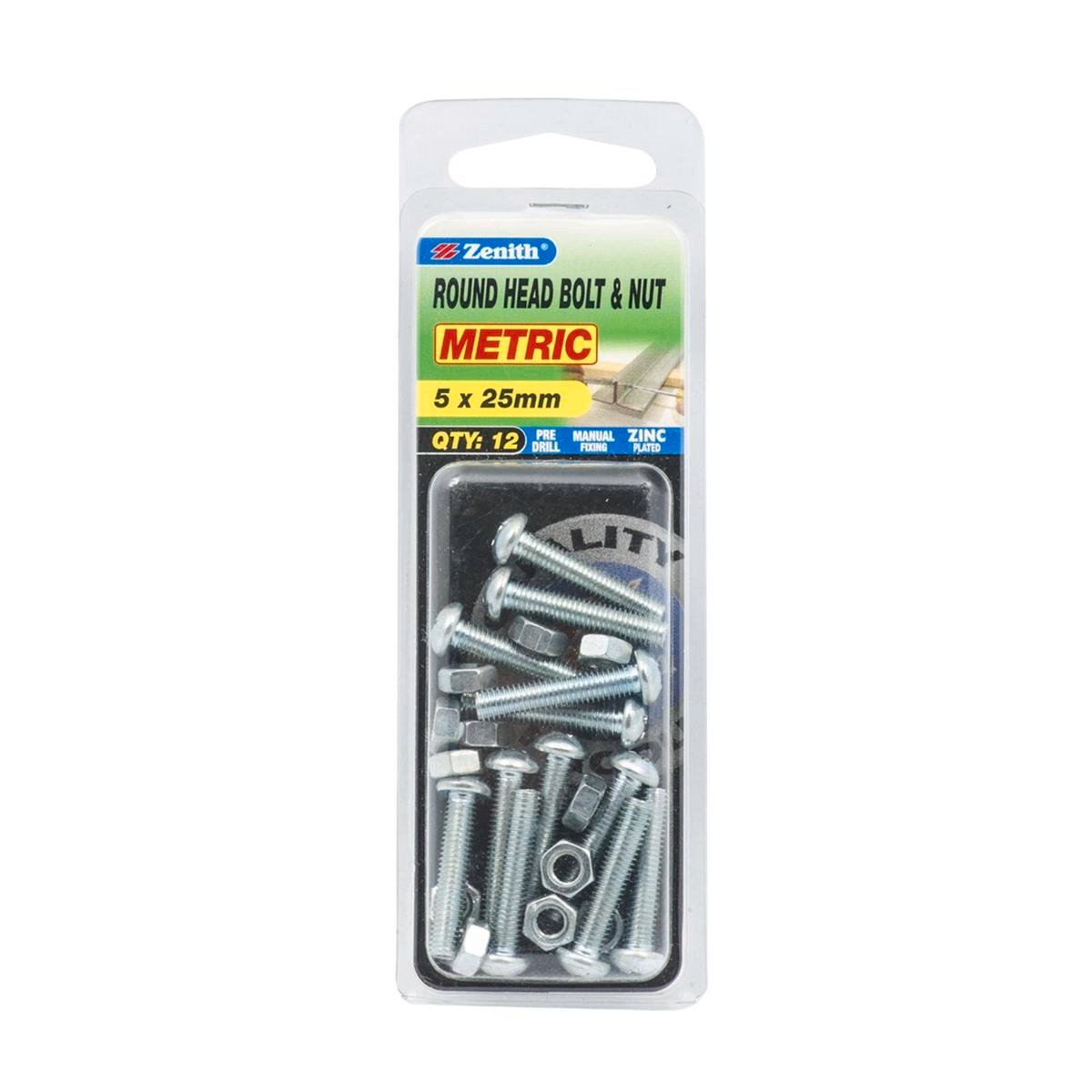 Zenith Bolt and Nut - M5 x 25mm - Zinc Plated - Round Head - 12 Pack - SuperSaverAU - view 1