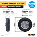 Move It 250 x 4" Pneumatic Wheel, 5/8" Bearing, Offset Steel Hub, 100kg