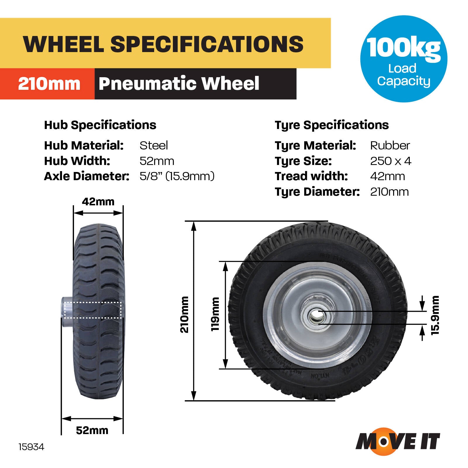 Move It 250 x 4" Pneumatic Wheel, 5/8" Bearing, Offset Steel Hub, 100kg