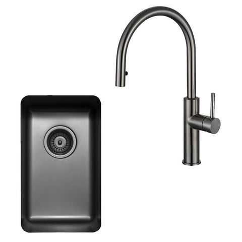 Titan Essentials 285mm Single Bowl Sink and Pull Out Gooseneck Mixer Tap Package - Gunmetal - TSGMPK282