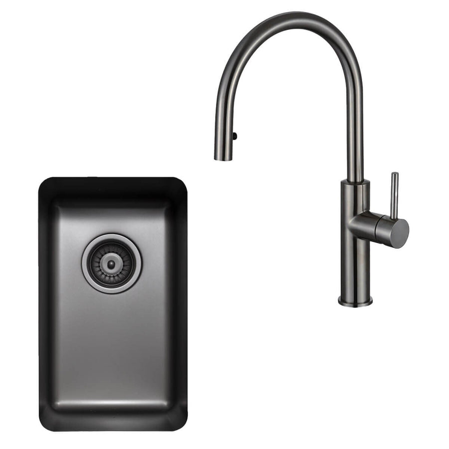 Titan Essentials 285mm Single Bowl Sink and Pull Out Gooseneck Mixer Tap Package - Gunmetal - TSGMPK282