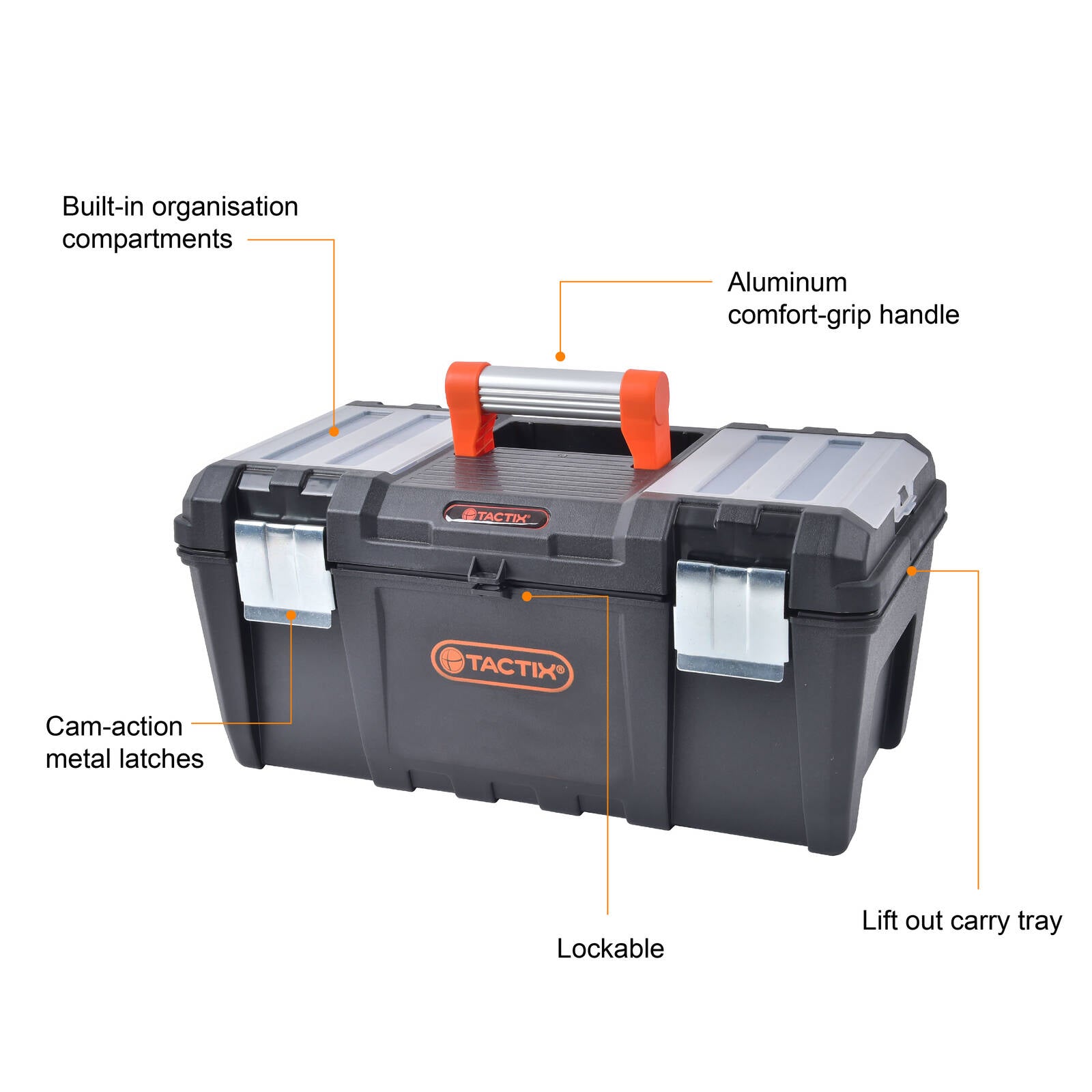 Tactix 535mm Tool Box with Aluminium Handle and Steel Latches, Polypropylene