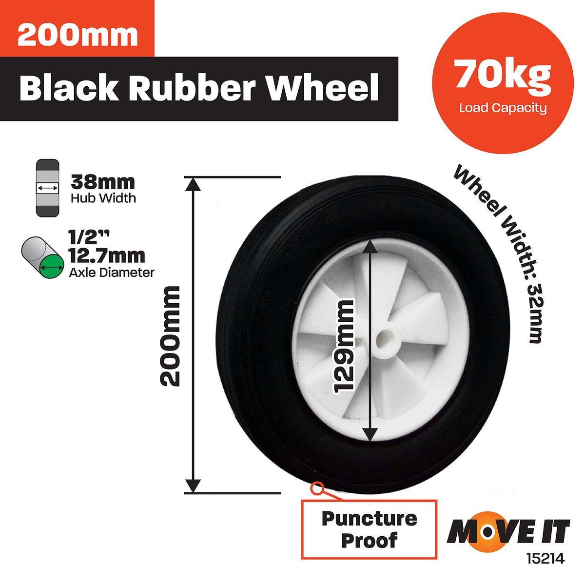 Move It 200mm Black Rubber Tyre with White Plastic Centre - 30kg Load Capacity - SuperSaverAU - view 2