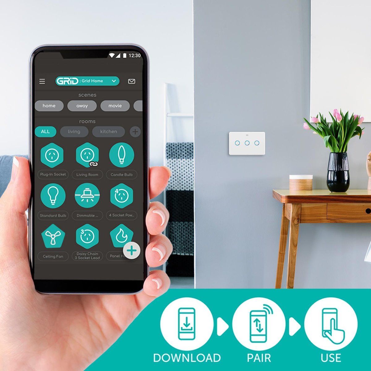 Deta Smart Touch Light Switch - Triple Gang - 40mm x 75mm x 110mm - White - SuperSaverAU - view 3