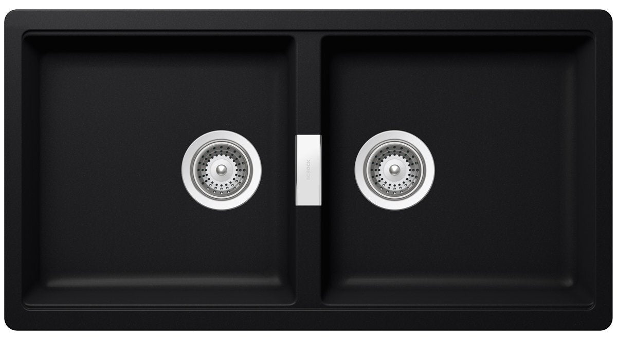 Abey Puro Horizont Double Bowl Undermount Sink - Black Nano-Granite, Overflow Kit Included - N200UP