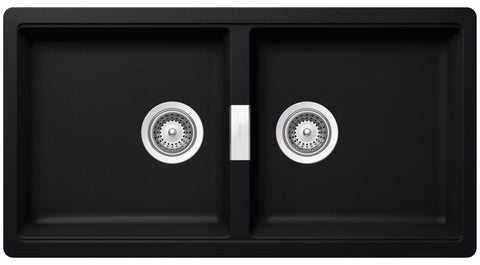 Abey Puro Horizont Double Bowl Undermount Sink - Black Nano-Granite, Overflow Kit Included - N200UP