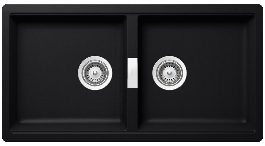 Abey Puro Horizont Double Bowl Undermount Sink - Black Nano-Granite, Overflow Kit Included - N200UP
