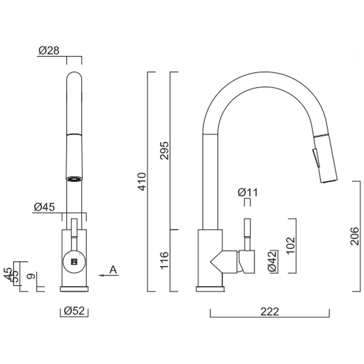 Gareth Ashton gooseneck pull out kitchen mixer tap - 304 brushed stainless steel - 5 star WELS - KTA045-BR