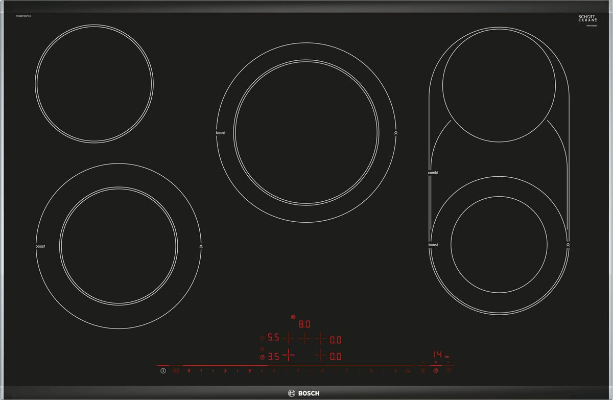 Bosch 80cm Series 8 Ceramic Cooktop - Black, 5 Zones, CombiZone, PowerBoost, 17 Power Levels - PKM875DP1A