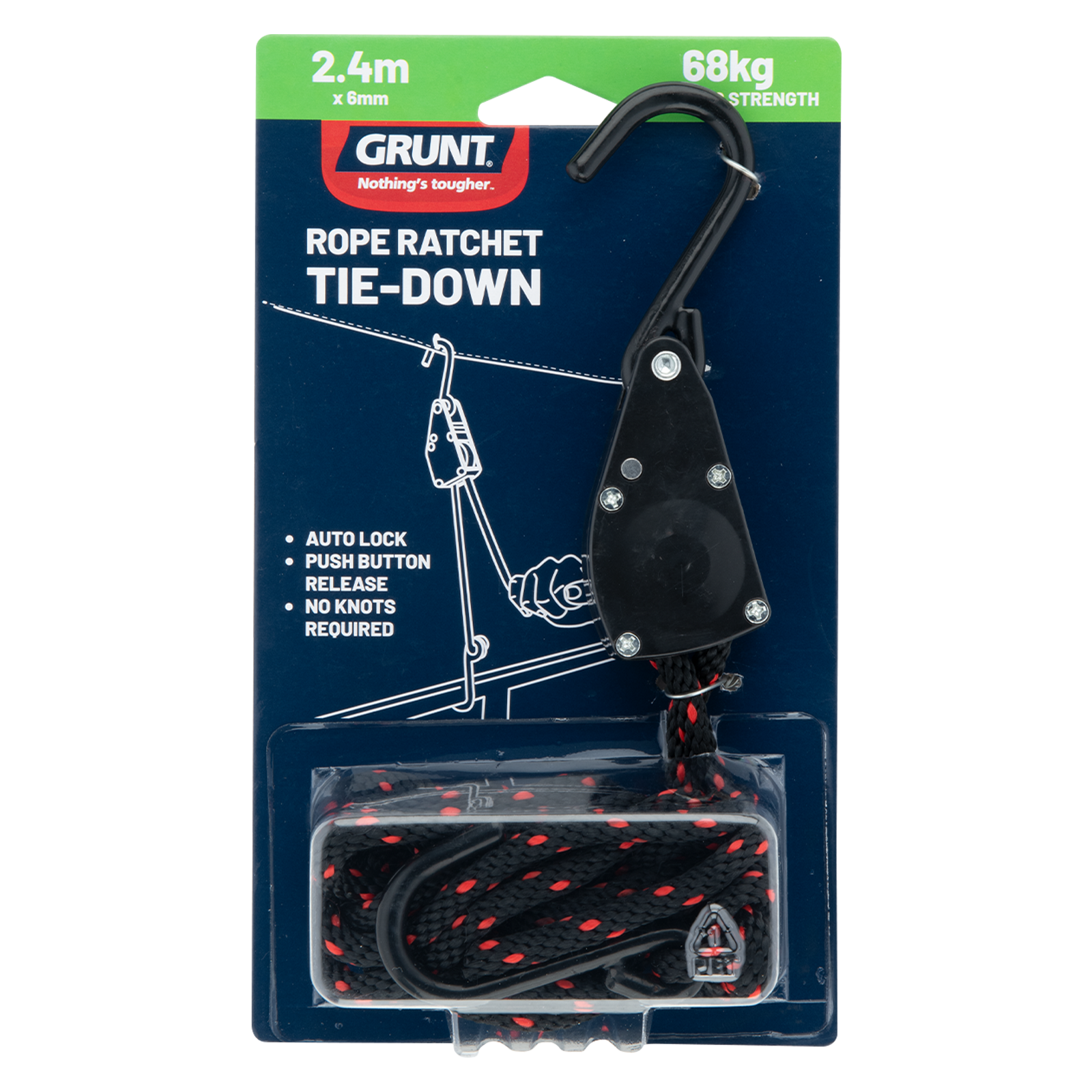 Grunt 6mm x 240cm Rope Ratchet Tie Down Auto Lock for Trailers Utes Roof Racks