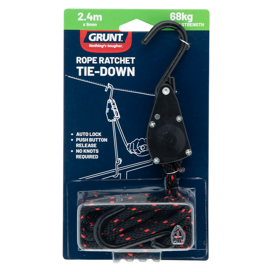 Grunt 6mm x 240cm Rope Ratchet Tie Down Auto Lock for Trailers Utes Roof Racks