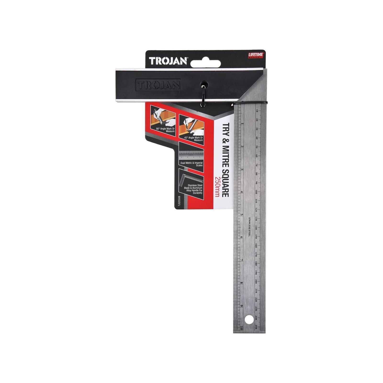Trojan 250mm Stainless Steel Try and Mitre Square, Dual Calibration