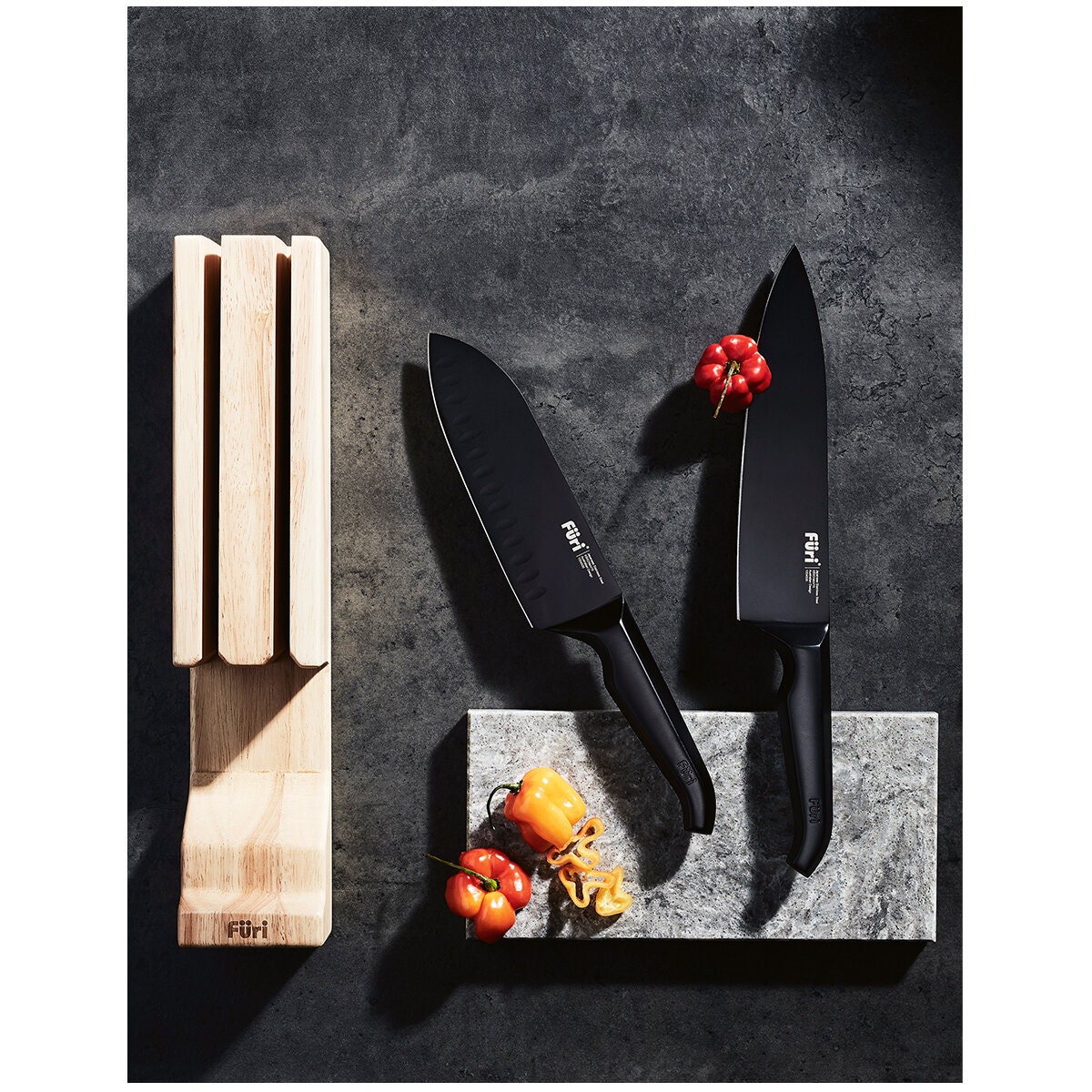 Furi Pro Jet Black 3 Piece Knife Set - Black Knives with Wooden Knife Holder - 41483