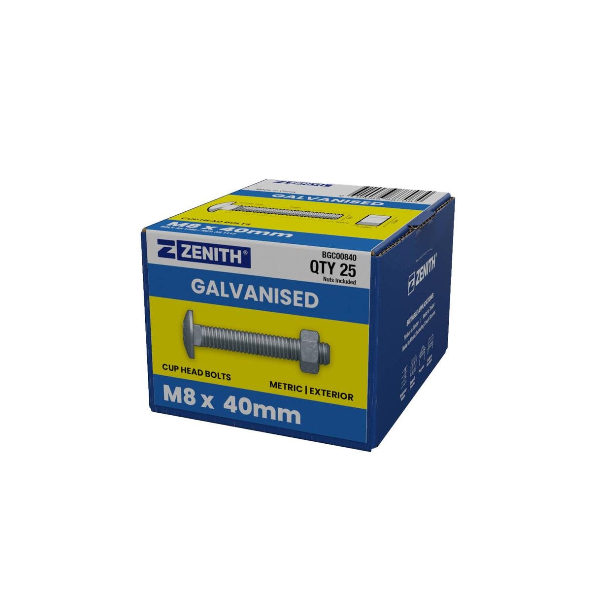 Zenith M8 x 40mm Hot Dip Galvanised Cup Head Bolts Nuts 25 Pack - Grey - SuperSaverAU - view 1