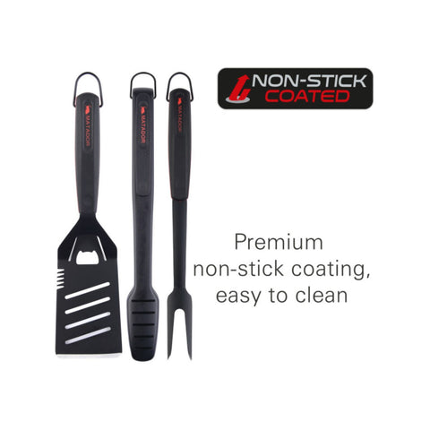 Matador 3 Piece Non-Stick Stainless Steel BBQ Tool Set Black