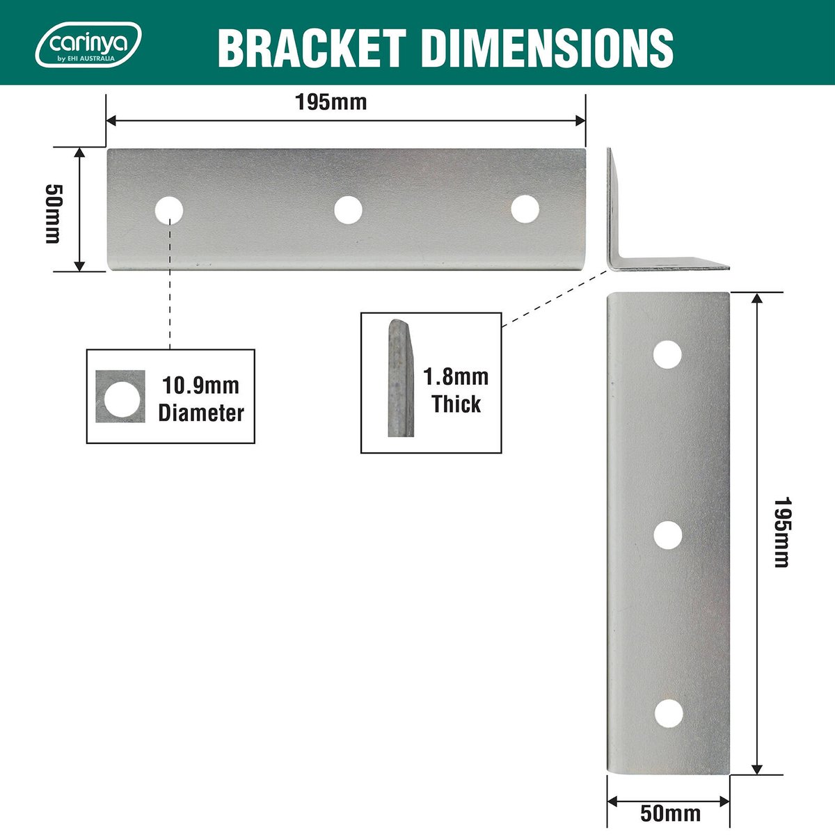 Carinya Reinforcing Angle Bracket 50x50x195mm Galvanised Steel Strength - SuperSaverAU - view 4