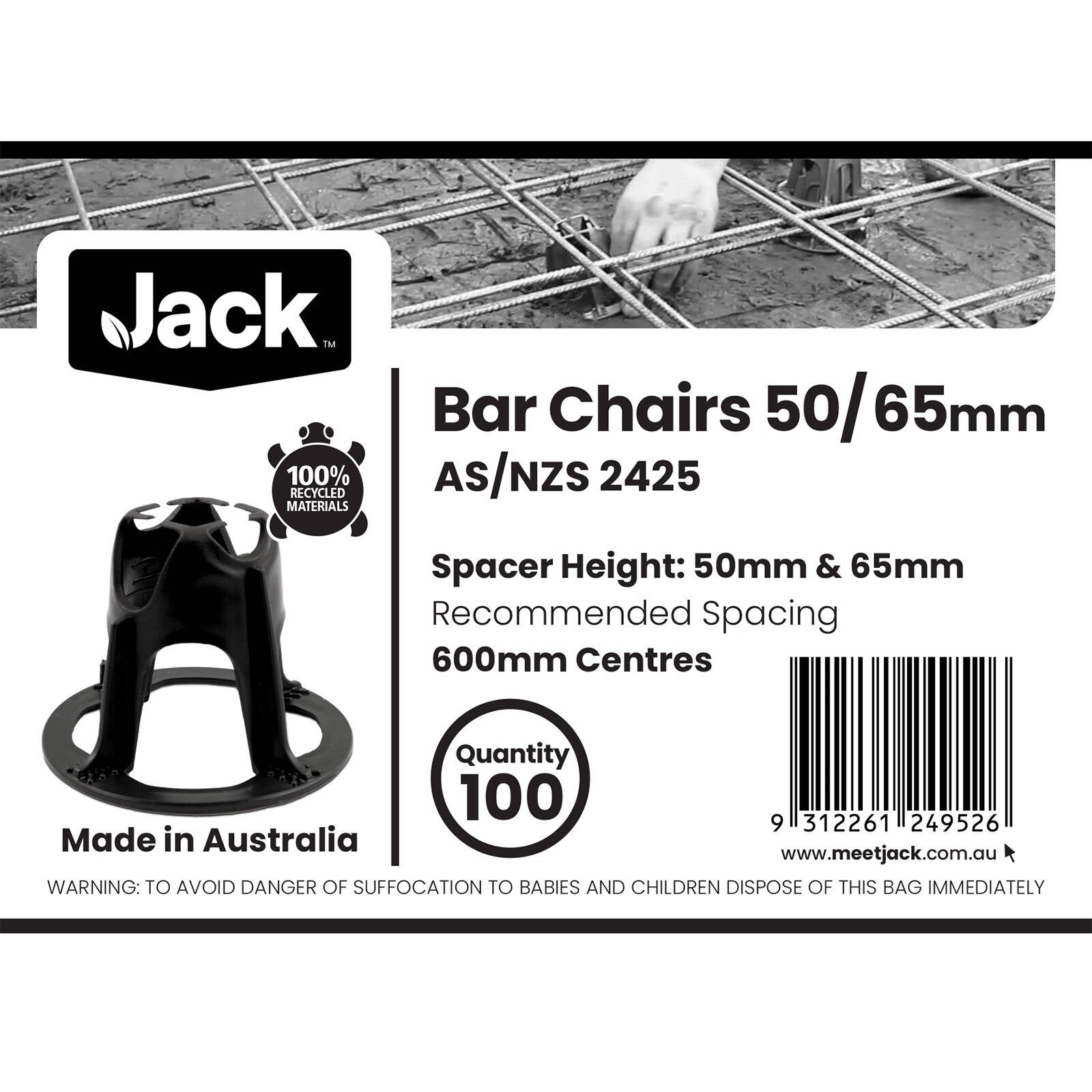 Jack 50-65mm Black Plastic Reinforcing Bar Chairs - 100 Pack Dual Height