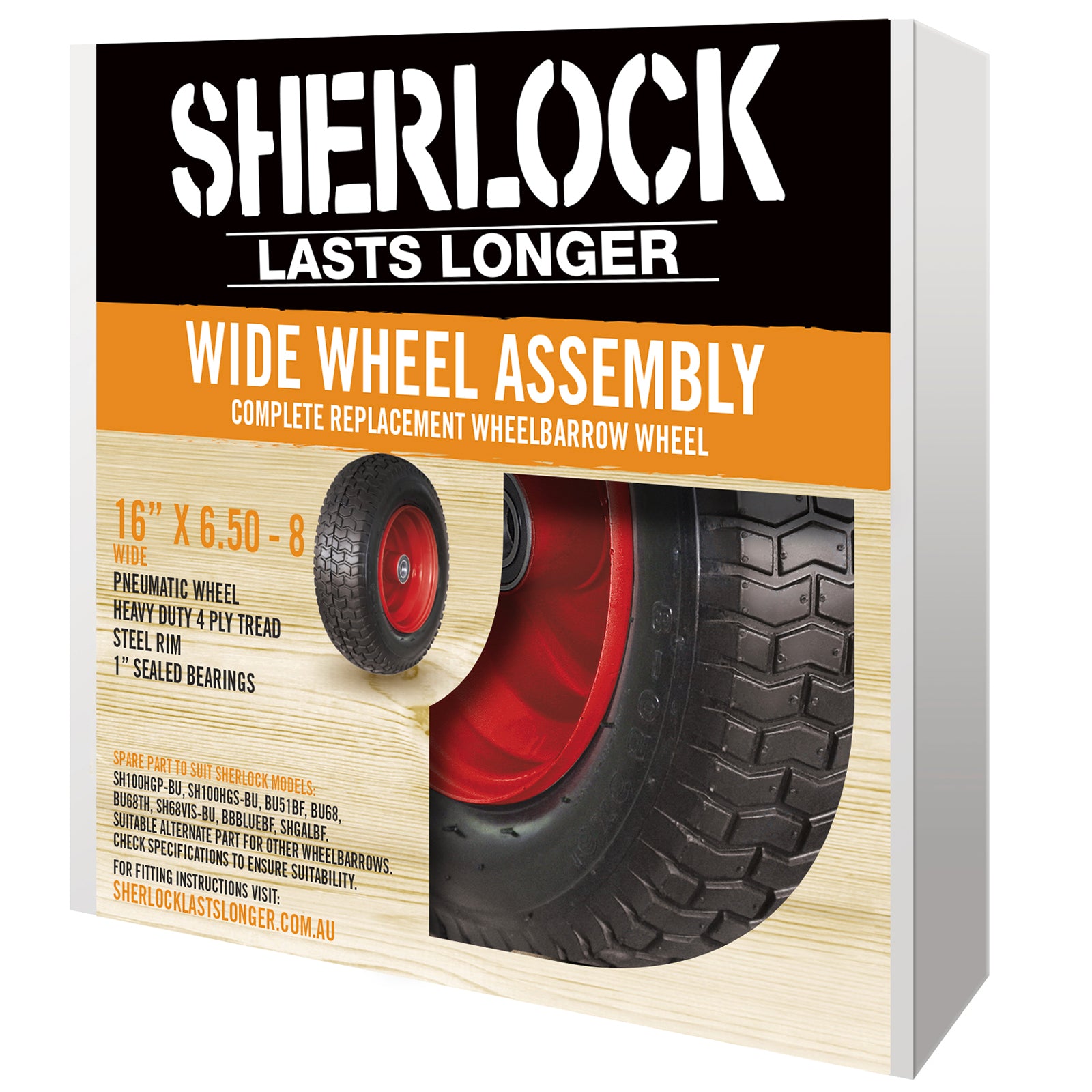 Sherlock 16in Wide Wheelbarrow Wheel, 16x6.50-8, Steel Rim, Pneumatic Rubber Tyre