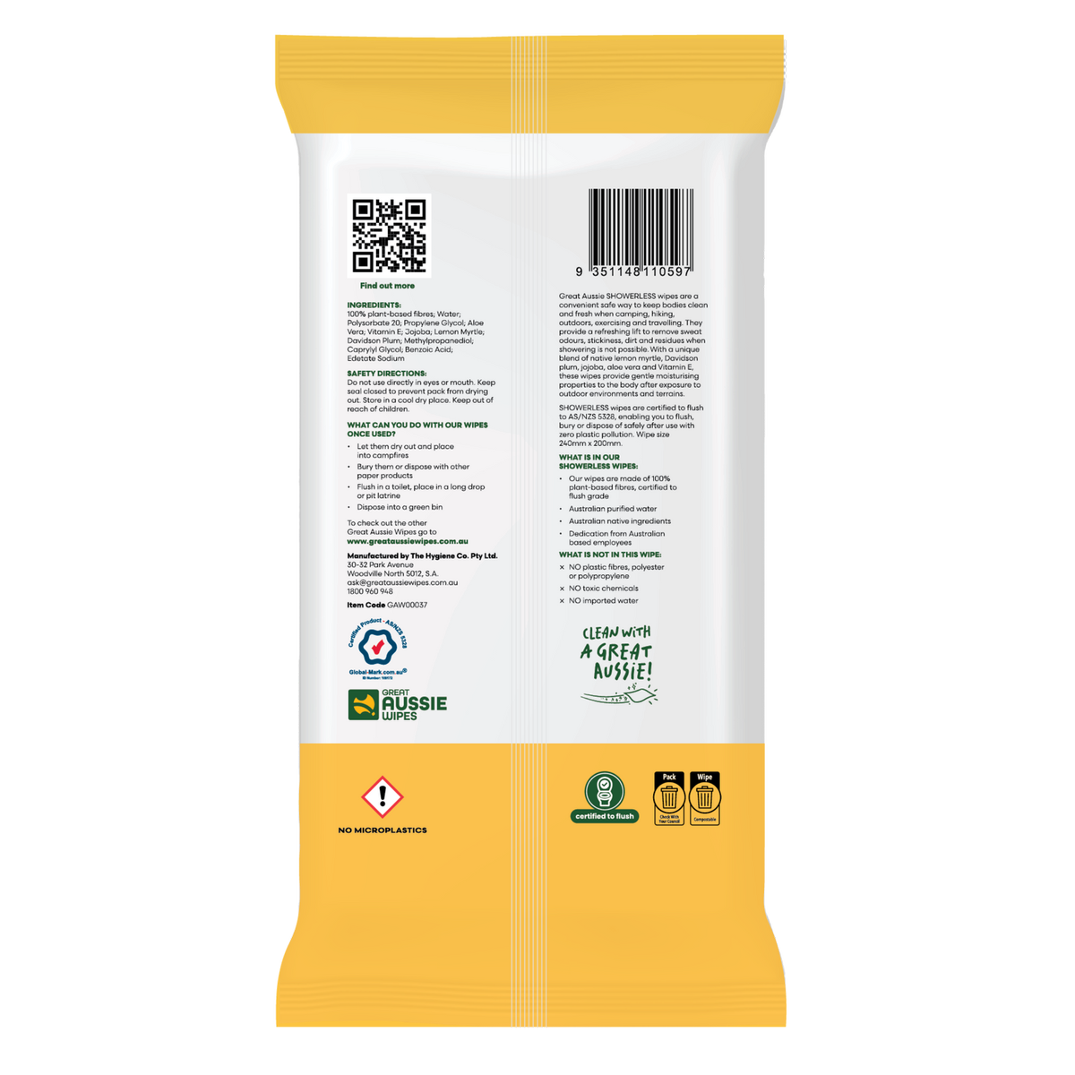 Great Aussie Wipes Showerless Body Wipes 20 Pk - Biodegradable - 126mm x 240mm - Outdoor Hygiene - SuperSaverAU - view 2