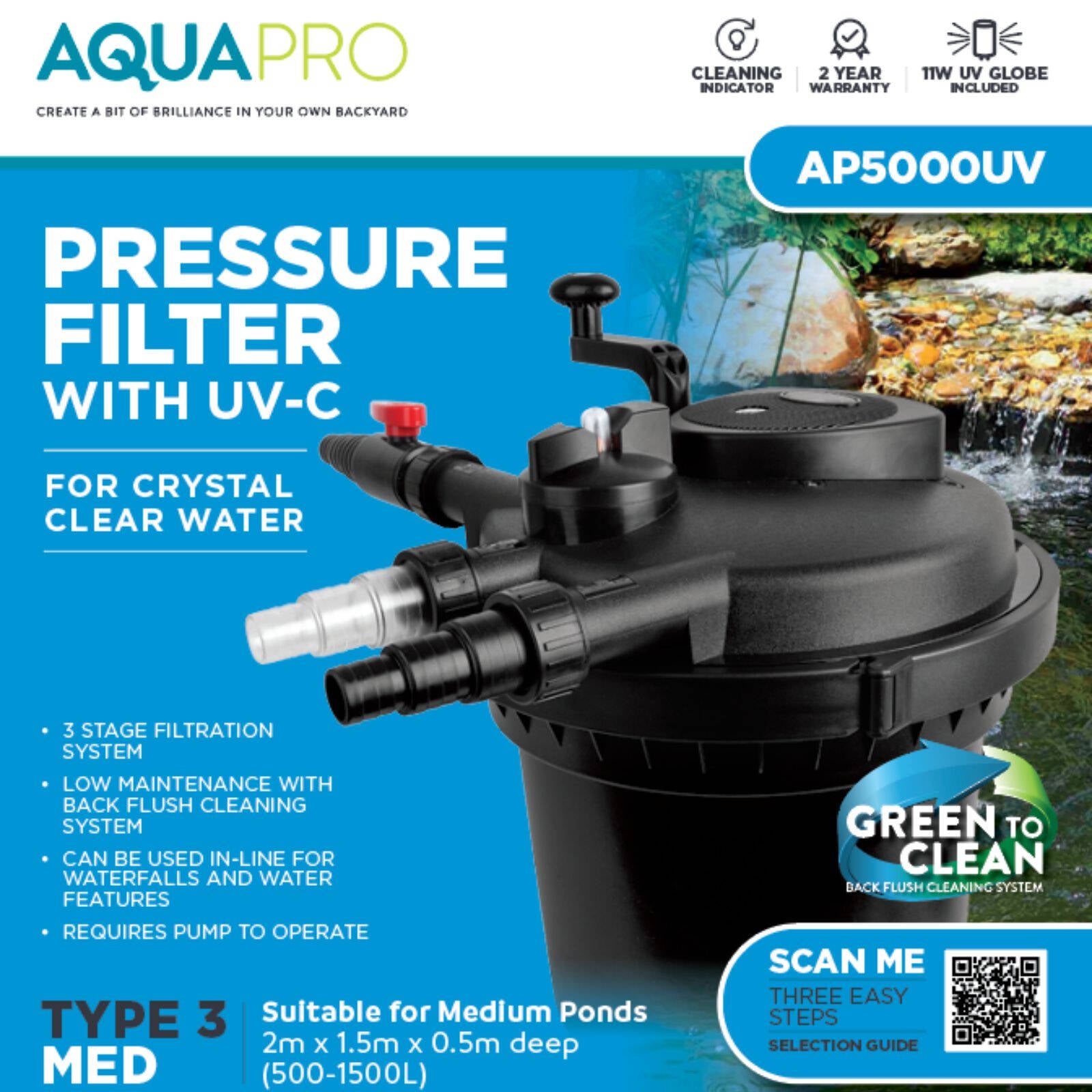Aquapro AP5000UV Pressure Filter with UV-C Clarifier for Ponds, Outdoor, 32mm Tubing
